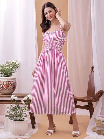 YANAMORA Women Striped Shoulder Straps Smoked A-Line Midi Dress