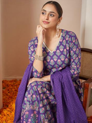 Janasya Women Ethnic Motifs Printed A-Line Kurta with Trouser & Dupatta