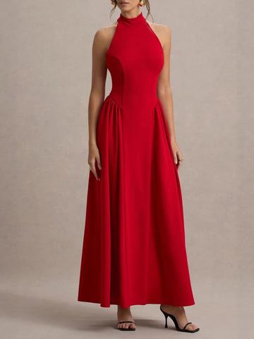 bebe Red Halter Neck Fit & Flare Maxi Dress