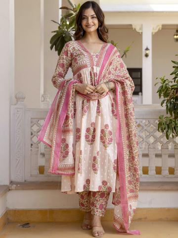 KALINI Women Floral Printed Empire Pure Cotton Kurta with Trousers & With Dupatta