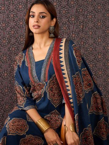 Indo Era Women Ajrakh Printed Straight Kurta Trousers With Dupatta Set