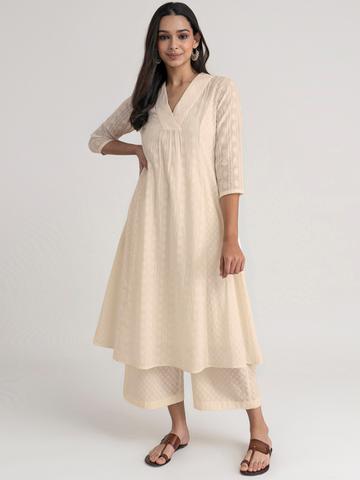 Pink Fort Women Off White Pure Cotton Kurti with Palazzos