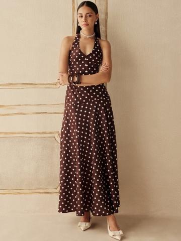 Sage by Mala Polka Dot Print Halter Neck A-Line Maxi Dress