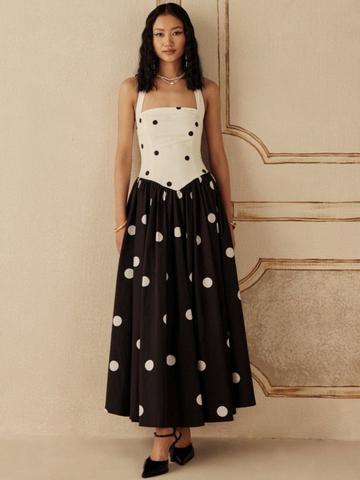 Sage by Mala Polka Dot Print Halter Neck Maxi Dress