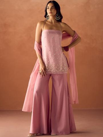 FIORRA Women Light Pink Crush Embroidered Organza Straight Kurta Set with Dupatta
