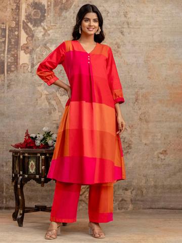 Indo Era Women Colourblocked V-Neck Regular Kurta with Trousers
