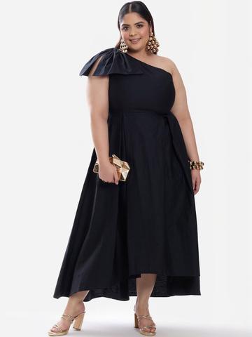 Virgio Solid Cotton One Shoulder Plus Size Midi Dress with Bow