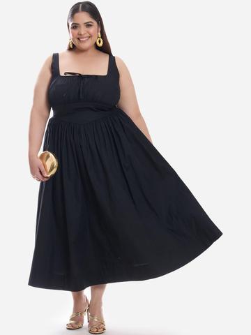 Virgio Solid Cotton Sleeveless Corset Waist Basque Plus Size Midi Dress
