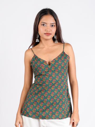 NISHORAMA Ethnic Motifs Printed Shoulder Straps Sleeveless Pure Cotton A-Line Kurti