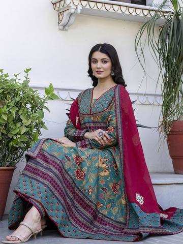 Pistaa Women Ethnic Printed Layered Pure Cotton Kurta with Palazzos & With Dupatta