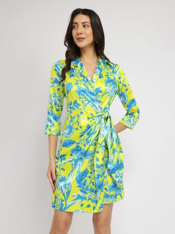FableStreet Satin Floral Wrap Women Dress - Green