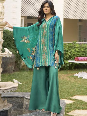 Anouk Floral Printed V-Neck Silk Kaftan Kurti With Palazzo
