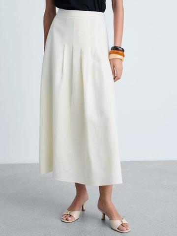 MANGO Flowy Pleated A-Line Midi Linen Skirt