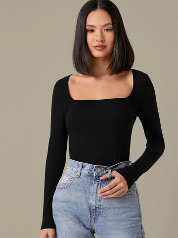 Dream Beauty Fashion Women Square Neck Long Sleeves Fitted Top