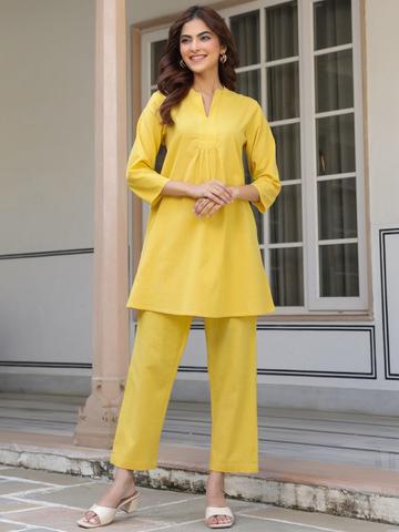 Janasya Women's Yellow Cotton Solid A-line Co-ords Set