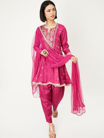 max Floral Embroidered Notch Neck Sequinned A-Line Kurti With Trouser & Dupatta