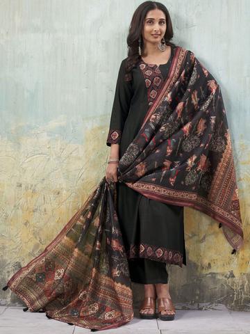 Ekana Ethnic Motifs Printed Notch Neck A-Line Kurta with Trousers And Dupatta