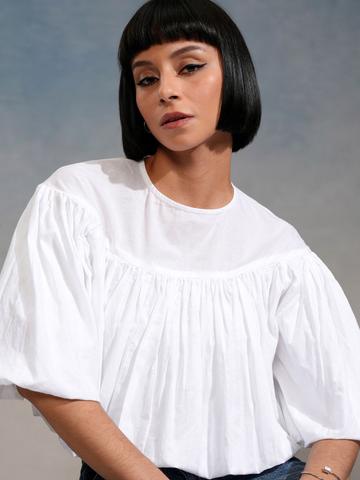 Tokyo Talkies Women Solid Fla Crop Pleated Top