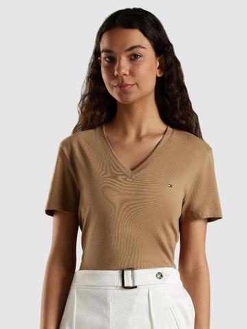 Tommy Hilfiger Women Solid V-Neck Pure Cotton T-shirt