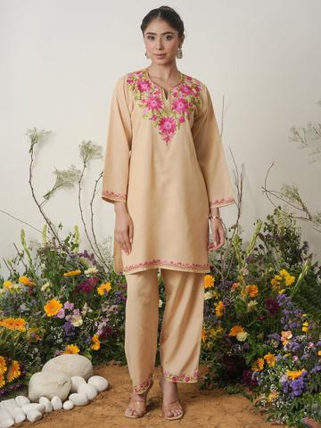 HOUSE OF KARI Women Floral Embroidered Regular Thread Work Pure Cotton Kurta with Trousers
