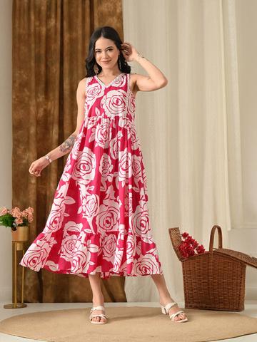 SIJOPA Women Floral Printed Sleeveless Fit & Flare Midi Dress