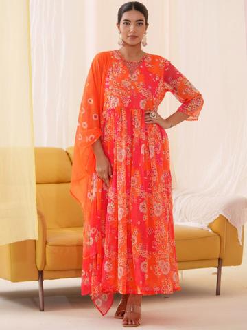 Suha Floral Embroidered V-Neck Anarkali Kurta With Trousers & Dupatta
