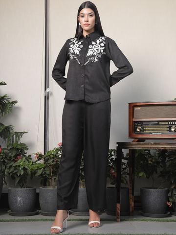 plusS Embroidered Shirt Collar Cotton Shirt With Trousers Co-Ord