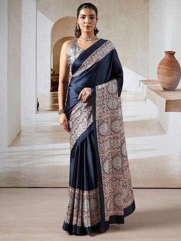 KALINI Ethnic Motifs Ajrak Satin Block Print Saree