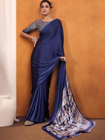 MySilkLove Ajrakh Printed Satin Crepe Silk Saree