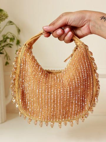 THE TAN CLAN Sera Drop Pearls Embroidered Half Moon Suede Wrist Loop Clutch