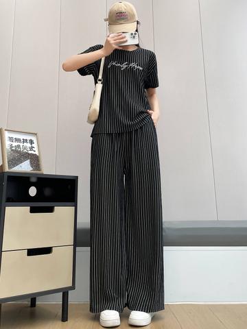 Lugo Striped Self Design Round Neck T-Shirt With Trousers