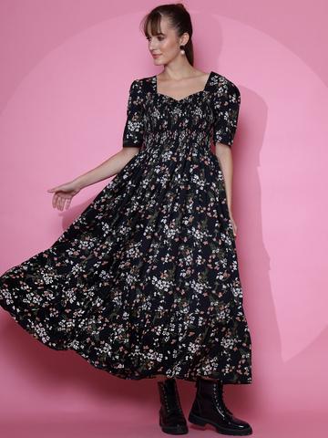De La Moda Women Floral Print Sweetheart Neck Puff Sleeve Smocked Fit & Flare Maxi Dress