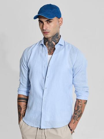 Snitch Men Smart Slim Fit Spread Collar Solid Linen Casual Shirt