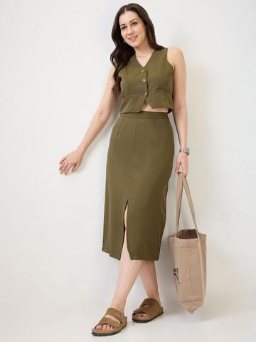 Globus V-Neck Solid Cropped Waistcoat With Front Slit Midi Skirt Workwear Co-Ord Set