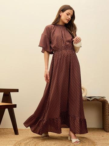 SASSAFRAS Polka Dot Print Flutter Sleeve Fit & Flare Maxi Dress
