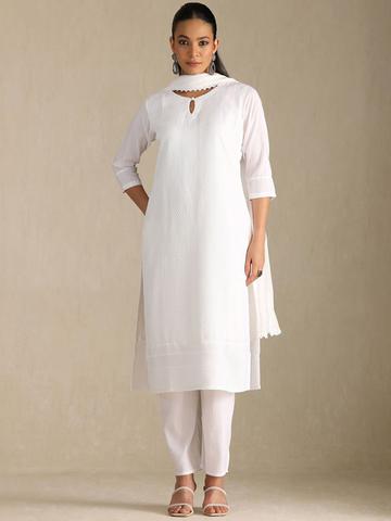 Soch Geometric Self Design Keyhole Neck Straight Kurta With Trousers & Dupatta