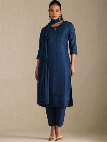 Soch Geometric Embroidered Keyhole Neck Sequinned Straight Kurta With Trousers & Dupatta