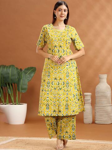 COTTON CULTURE Women Yellow Flax Cotton Printed Straight Kurta and Pant Set