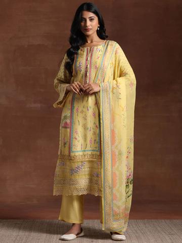 Libas Floral Printed Notch Neck Beads And Stones Straight Kurta With Palazzos And Dupatta