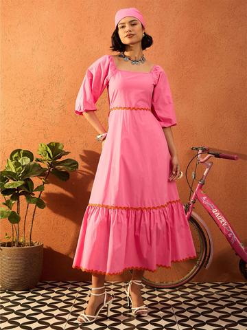 Pink Paprika by SASSAFRAS Women Solid Puff Sleeve Square Neck Fit & Flare Maxi Dress