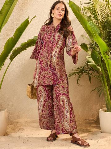 IMANA Printed Collared Neck Top With Trousers Co-Ords