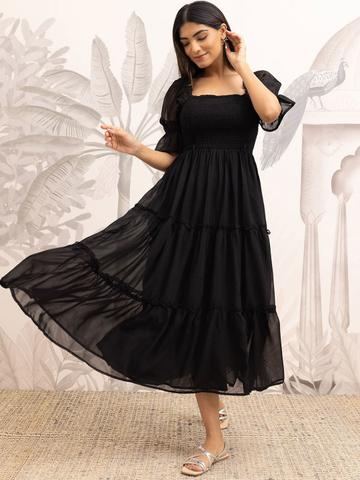Polago Clothing Women Georgette Smocked Detail Fit & Flare Tiered Midi Dress