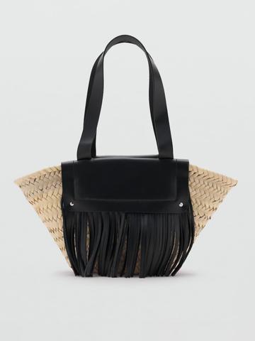 MANGO Basket-Weave Bucket Handheld Bag with Leather Fringed