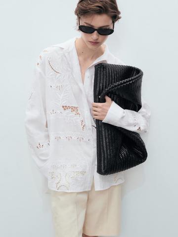 MANGO Floral Embroidered Cut-Our Detail Semi Sheer Drop-Sleeves Oversized Shirt