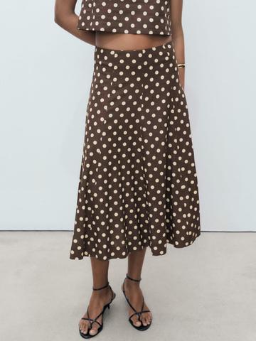 MANGO Polka Dots Printed Mid-Rise Flared Midi Skirt