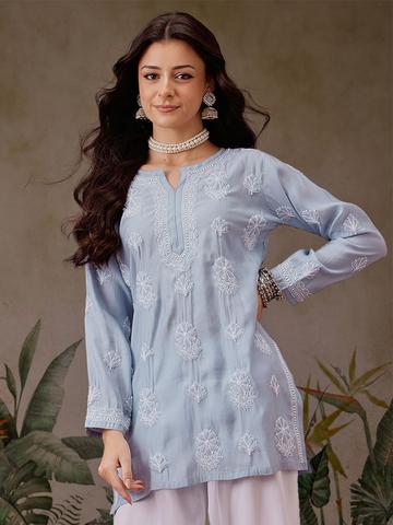 ADA Ethnic Motifs Embroidered Chikankari Chanderi Silk Chikankari Kurti