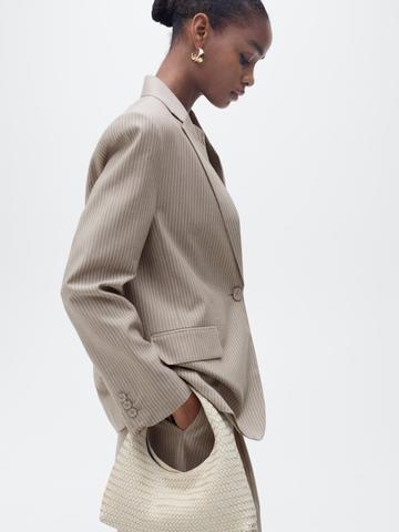 MANGO Notched Lapel Striped Single-Breasted Blazer