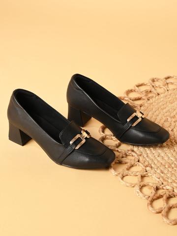 Rocia Textured Block Heels Pumps with Buckles Details