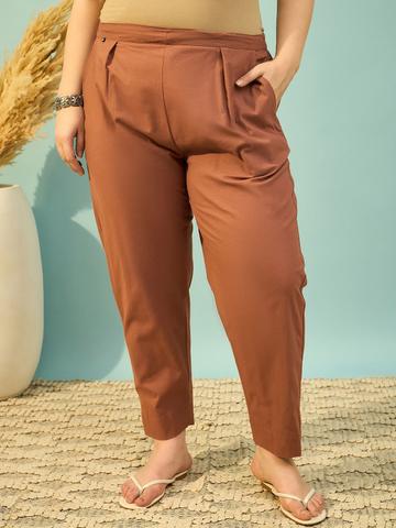 Moda Rapido Women Plus Size Pleated Mid-Rise Pure Cotton Trousers