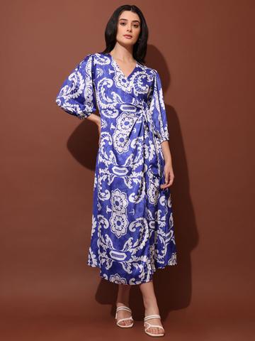 PURVAJA Floral Printed Puff Sleeve Midi Wrap Dress